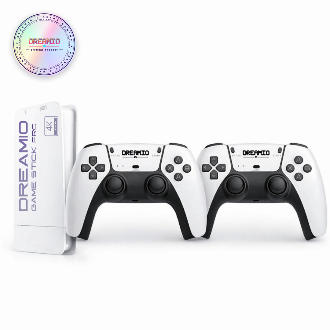 Dreamio Game Stick Pro with two wireless controllers