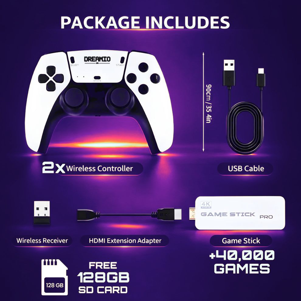 Everything in the box: two wireless controllers, USB cable, wireless receiver, HDMI extension adapter, the stick and a free 128GB SD card